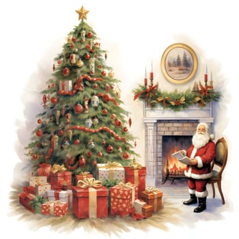 Fireplace, Santa Claus, Christmas tree and gifts on a white background. Xmas tree as a symbol of Christmas of the birth of the Savior. A time of joy and celebration.