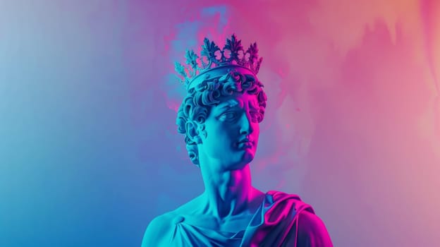 Colorful neon lighting on classical sculpture with a crown.