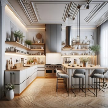 A bright, modern kitchen with white cabinets, wooden floor, and a dining set, exuding a cozy atmosphere