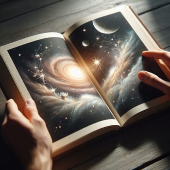 Person's hands holding an open book with a beautiful illustration of a galaxy on the pages, on a wooden table with natural light