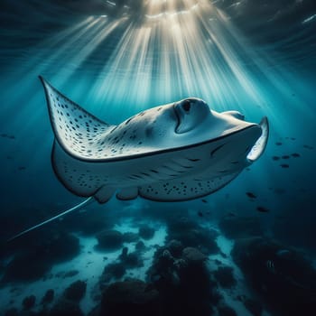 Majestic manta ray swims gracefully underwater, illuminated by beams of sunlight piercing through the ocean's surface