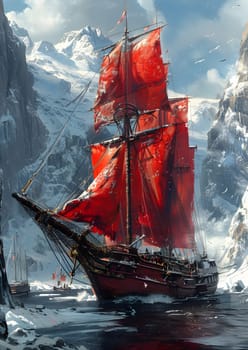 An art piece featuring a sailboat with vibrant red sails gliding gracefully on the water, with the sky filled with fluffy clouds and a strong wind propelling the mast forward