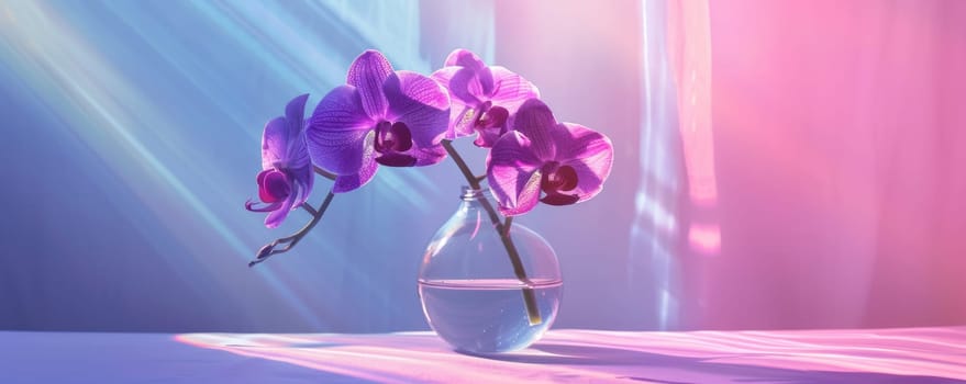 Purple orchid in a glass vase with dramatic lighting.