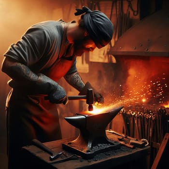 Tattooed young blacksmith in a bandana working at an anvil in a forge