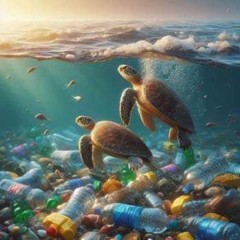 Turtles swimming amidst plastic pollution in the ocean, a stark image of environmental concern