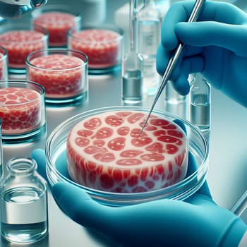 Scientist working with pipette and petri dishes in lab - create cultured meat