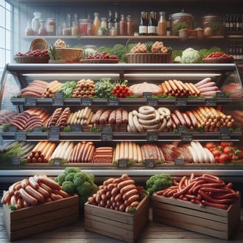 A variety of meats and sausages are displayed at a store counter, with vegetables and condiments on the shelves behind