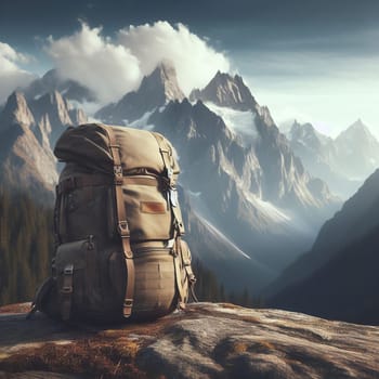 A backpack on a rock against a backdrop of majestic mountains and cloudy skies, evoking a sense of adventure
