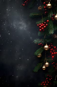 Pine branches decorated with baubles and rowan on the right side.Christmas banner with space for your own content. Blank space for the inscription.