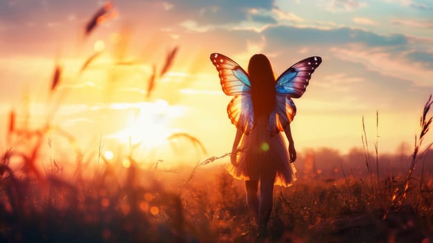 A girl stands in a field as a butterfly lands gently on her back. The girl is wearing casual clothes and seems unaware of the butterflys presence.