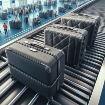 Three black suitcases on a conveyor belt in an airport terminal with a people on blurred background