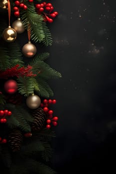 Pine branches decorated with baubles and rowan tree with pinecone on the left.Christmas banner with space for your own content. Blank space for the inscription.