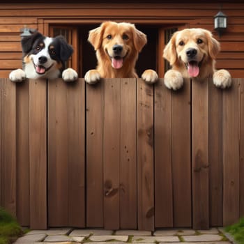Three dogs, a black and white border collie and two golden retriever, peeking over a wooden fence with a wooden house in the background