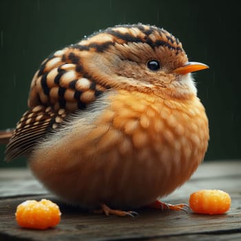 Chubby bird with intricate feather patterns sits ruffled next to the food, exuding warmth amidst a gentle rain