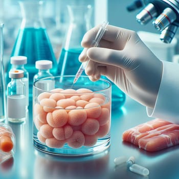 Scientist's gloved hand injecting a solution into orange cells in a lab, surrounded by equipment and chemicals - Cultured meat