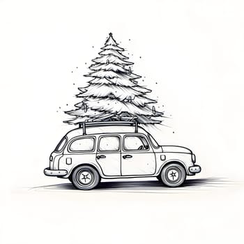 A car carrying a Christmas tree on its roof. Black and White coloring sheet. Xmas tree as a symbol of Christmas of the birth of the Savior. A time of joy and celebration.