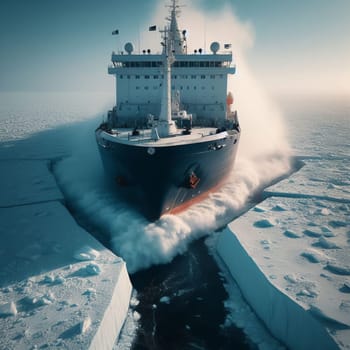 Aerial view of an icebreaker ship breaking through Arctic ice