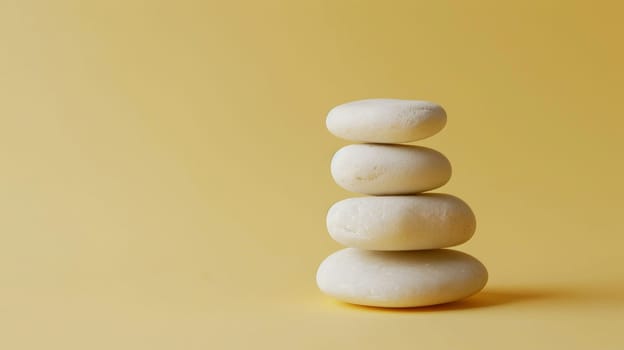 Stacked white smooth stones on yellow background.
