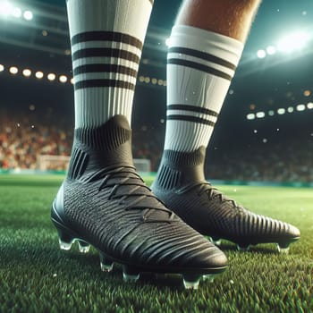 Pair of soccer cleats on legs on a grass field with a blurred background of a stadium and crowd