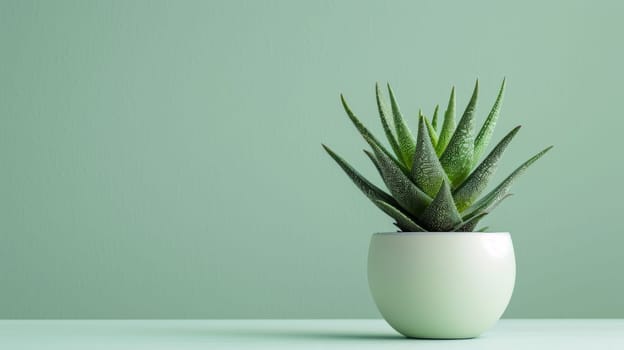 Green aloe vera plant in a white pot on a pastel green background.