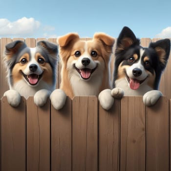 Three cheerful dogs of different breeds peek over a wooden fence, their smiles radiating pure joy