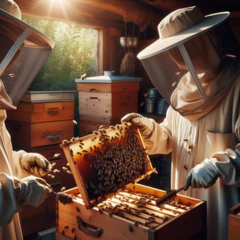 Beekeepers in protective gear are inspecting a honeycomb frame from a wooden beehive