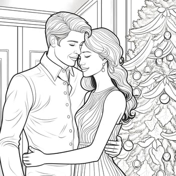 Hugging couple on the background of a Christmas tree. Black and White coloring sheet. Xmas tree as a symbol of Christmas of the birth of the Savior. A time of joy and celebration.