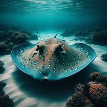 Vibrant underwater scene featuring a spotted stingray amidst serene ocean flora, illuminated by soft natural light