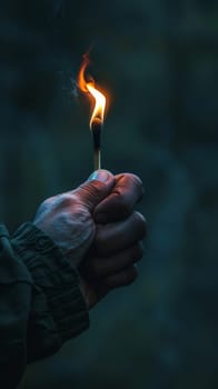 A person holds a lit match in their hand, the flame illuminating their fingers. The matchstick is ready to ignite something.