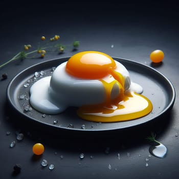 Perfectly poached egg on a dark plate, yolk oozing out, surrounded by herbs and droplets