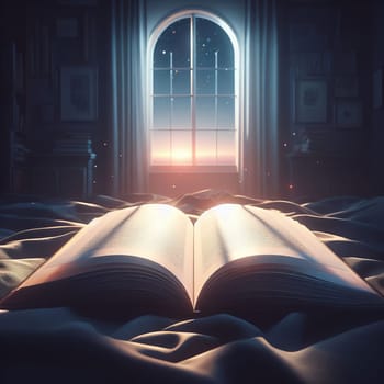 Open book on a cozy bed, with a window revealing a stunning sunrise or sunset in the background