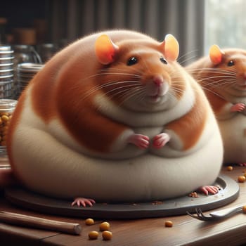 Adorable chubby hamster with glossy eyes in a cozy, warm setting sitting in a bowl of crumbs, another hamster in the background