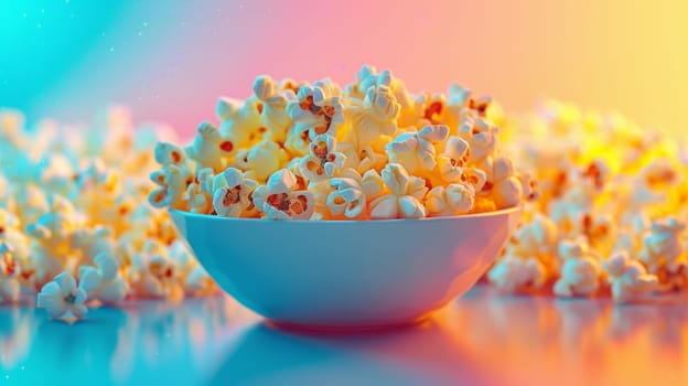 Bowl of popcorn on a colorful neon background.