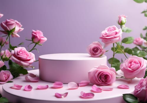 Low Empty Podium with background pink buds rose flowers and petals. Podium mockup for product 3d. spring table beauty stand display nature. Podium adorned with pink flowers. Display with rose for cosmetic