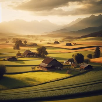 A picturesque countryside landscape features a farm in the foreground, with majestic mountains forming a stunning backdrop