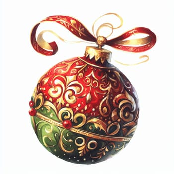 Hand-painted Christmas ornament with intricate golden patterns and a decorative ribbon, exuding festive charm