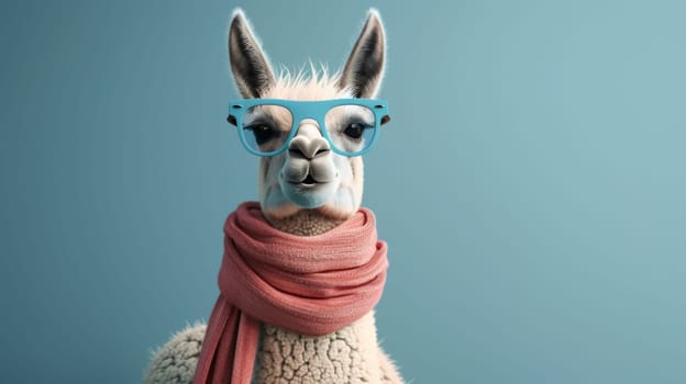 Stylish llama wearing blue glasses and a pink scarf.