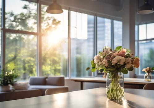 Flowers bouquet in table in office interior near big windows. Glass vase with flowers on marble table in room interior. Design interior inspiration. Aesthetic. Copy space