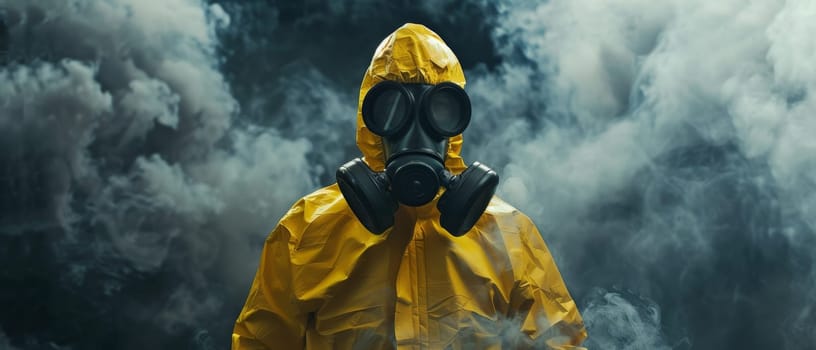 Wide angle shot of a person in a yellow hazmat suit with a gas mask standing in a cloud of dense smoke