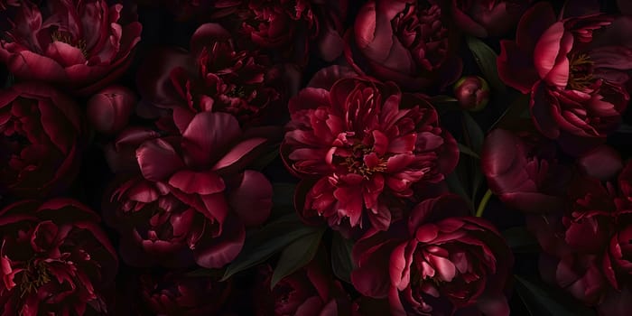 A vibrant display of magenta and violet flowers against a dark black background, creating a striking contrast. The pattern is reminiscent of a blooming tree during a special event