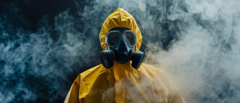 A solitary figure in a hazmat suit and mask emerges from thick smoke, captured in a panoramic view