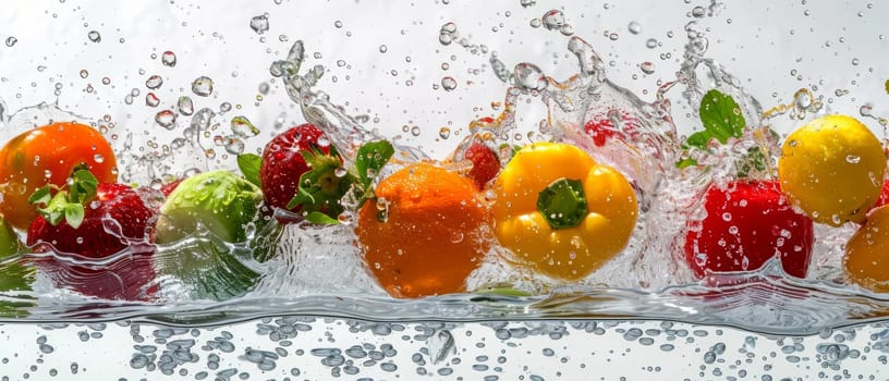 An assortment of fresh produce, including strawberries, limes, and bell peppers, caught in a lively water splash