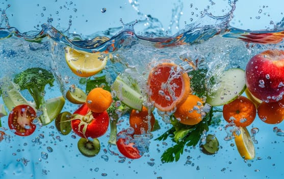 An invigorating underwater scene capturing an array of fruits and vegetables mid-splash, creating a dynamic array of bubbles and ripples against a blue backdrop