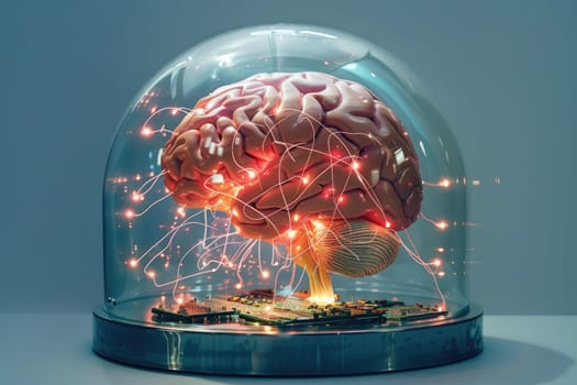 A human brain, rendered in a semi-transparent, connected to a complex circuit board