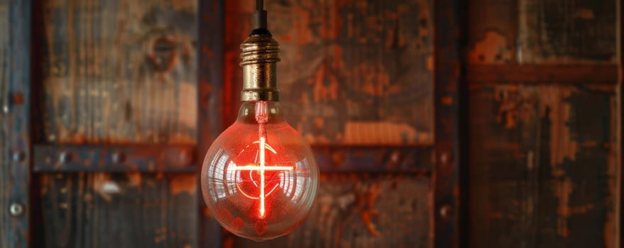 Glowing Light Bulb With a Cross Inside Hanging From Brick Wall.