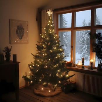 Christmas tree with lights inside. Peaceful winter scenery outside the window. Xmas tree as a symbol of Christmas of the birth of the Savior. A time of joy and celebration.
