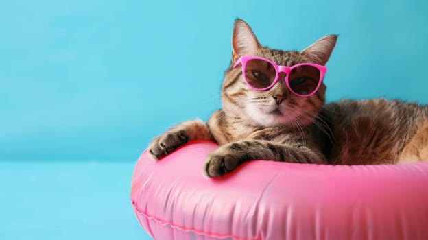 Tabby cat wearing pink sunglasses resting on a pink inflatable ring.