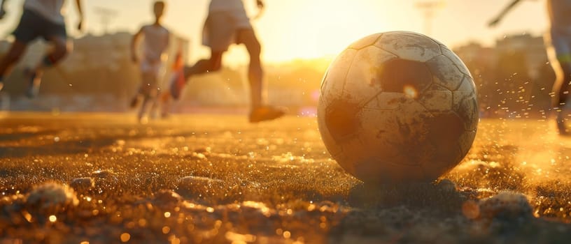 Evening sunlight filters through a cloud of dust around a worn soccer ball, with player shadows casting a dramatic backdrop