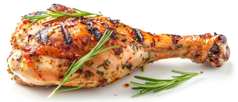 A succulent roasted chicken leg garnished with fresh rosemary on a white background, showcasing a golden-brown crust