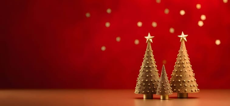 Side view of 3D Christmas tree with small gold baubles on the right on red background.Christmas banner with space for your own content. Blank field for the inscription.